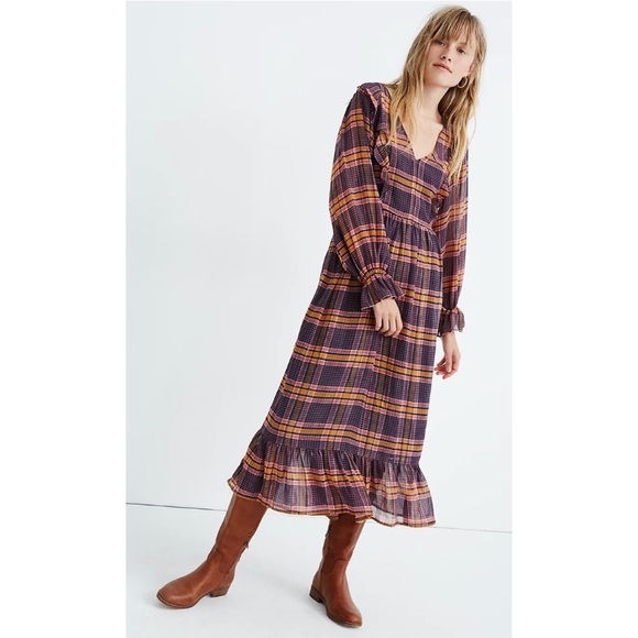 Madewell Dresses & Skirts - NWT Madewell Sheer Plaid Full-Sleeve Ruffle Dress Size 4